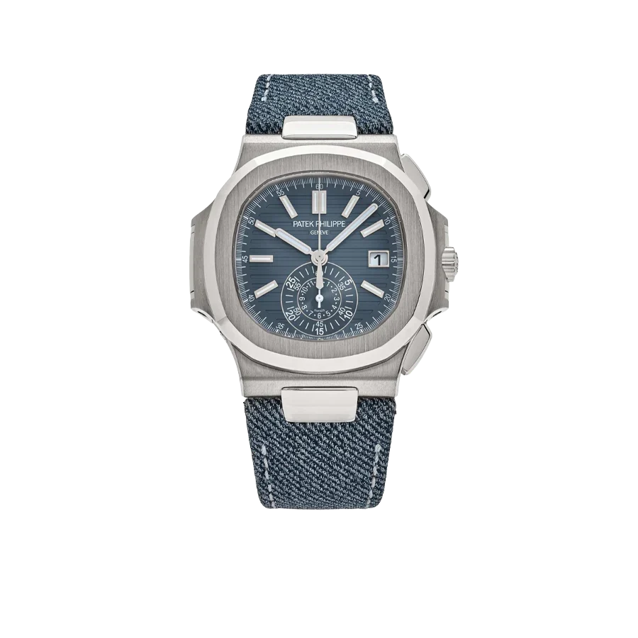 Nautilus 40mm 5980/60G-001 Flyback Chronograph White Gold Blue Dial Denim Strap