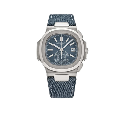 Nautilus 40mm 5980/60G-001 Flyback Chronograph White Gold Blue Dial Denim Strap