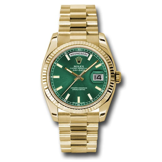 Yellow Gold Day-Date Fluted Bezel Green Index Dial President Bracelet