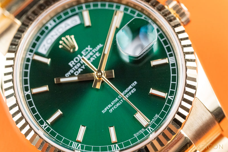 Yellow Gold Day-Date Fluted Bezel Green Index Dial President Bracelet