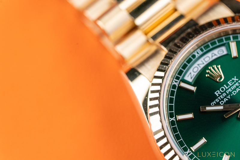 Yellow Gold Day-Date Fluted Bezel Green Index Dial President Bracelet
