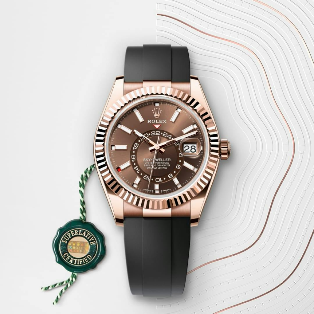 Sky-Dweller 18K Rose Gold, Chocolate Index Dial, Oysterflex Bracelet, 42 mm