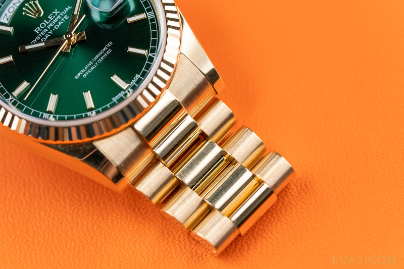 Yellow Gold Day-Date Fluted Bezel Green Index Dial President Bracelet