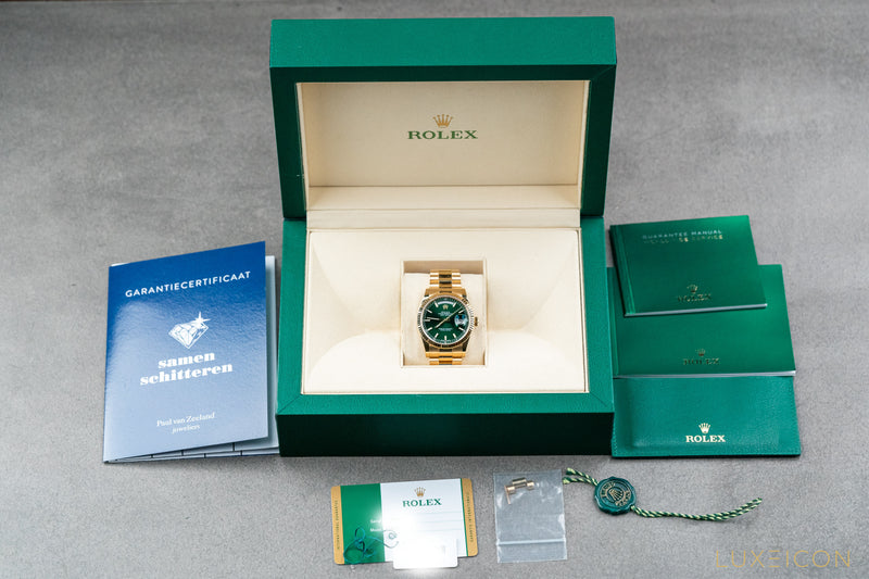 Yellow Gold Day-Date Fluted Bezel Green Index Dial President Bracelet
