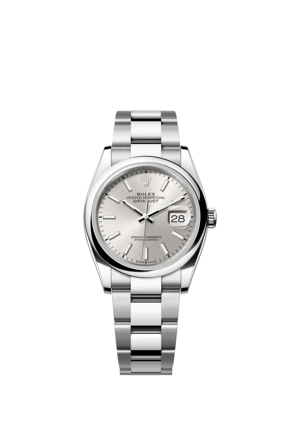 Oyster Perpetual Datejust 36 is available in Oyster steel with a silver dial and an Oyster bracelet