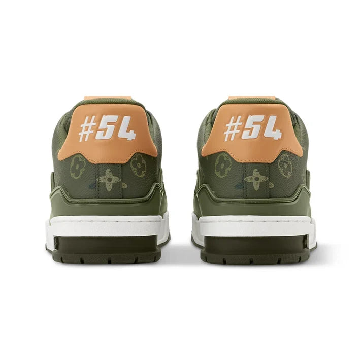 LV Trainer Designer Sneakers Grained Calf Leather Khaki Green