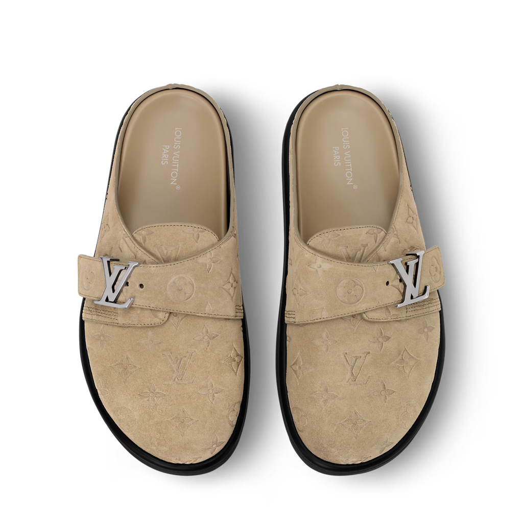 LV Sandals Easy Mule Beige Suede Monogram