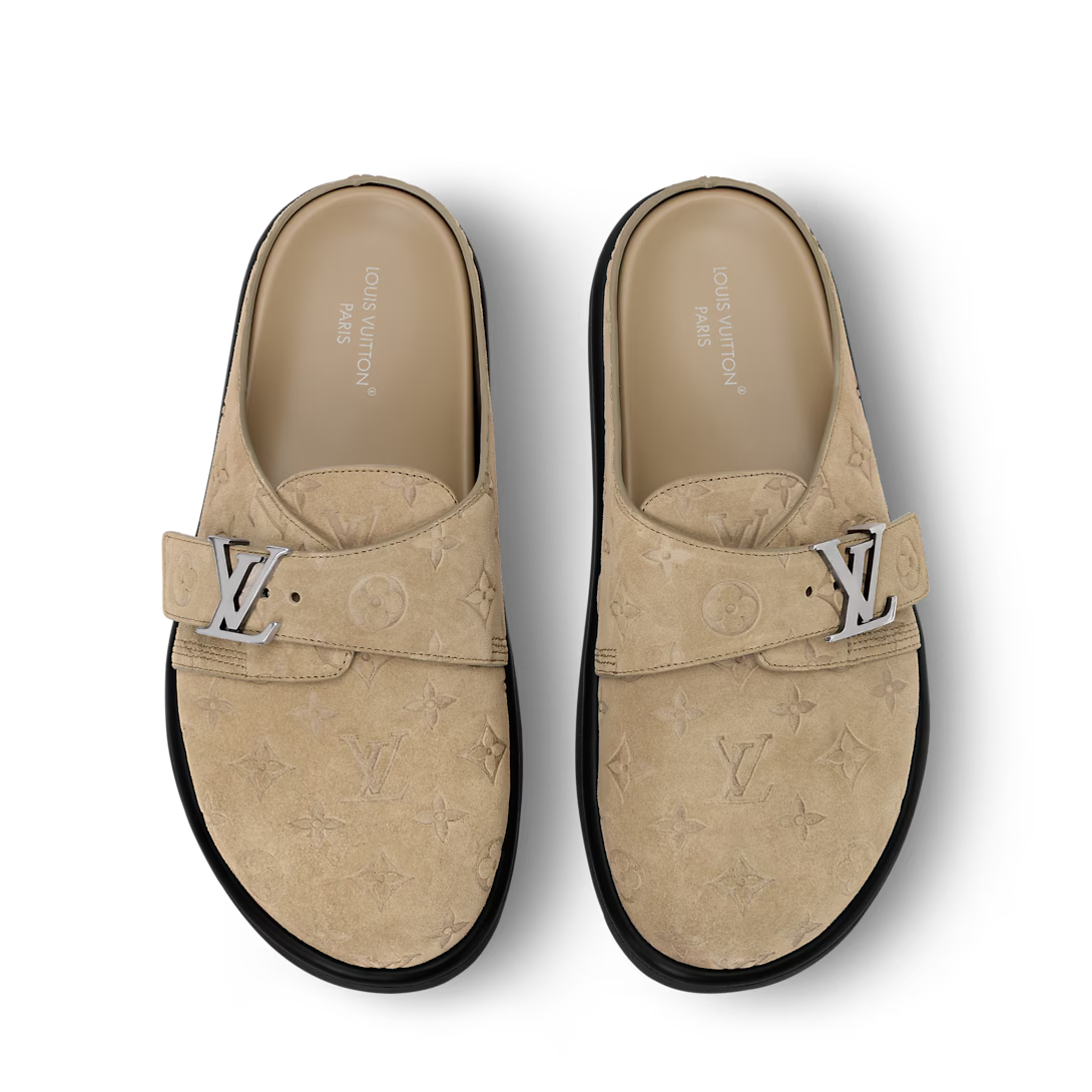 LV Sandals Easy Mule Beige Suede Monogram