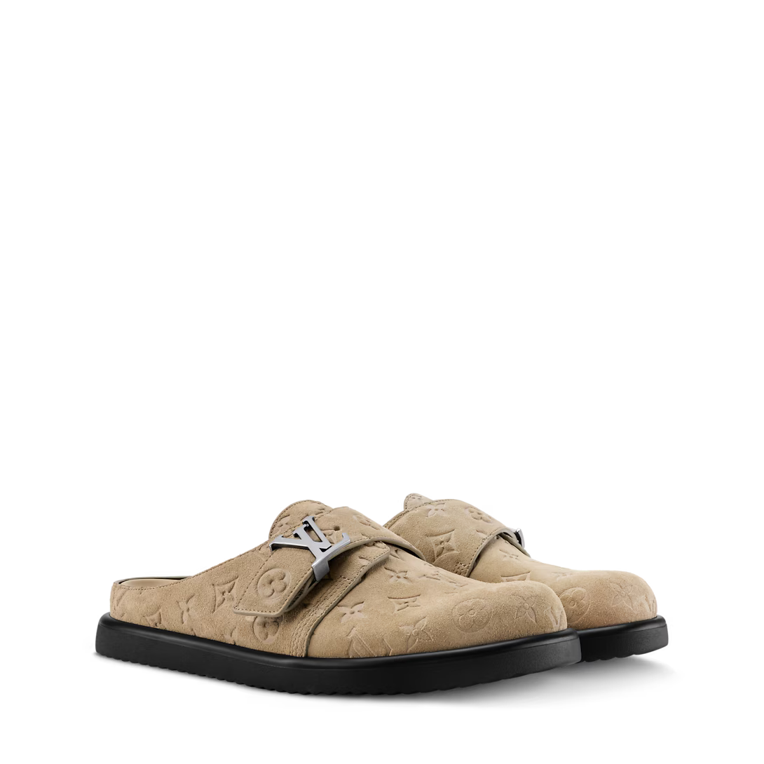 LV Sandals Easy Mule Beige Suede Monogram