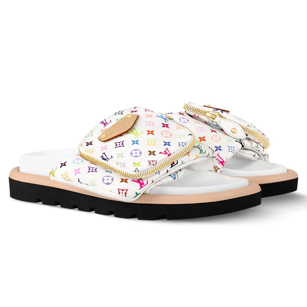 LV Sandals Pool Pillow Flat Comfort Mule x "Takashi Murakami" White Multicolor