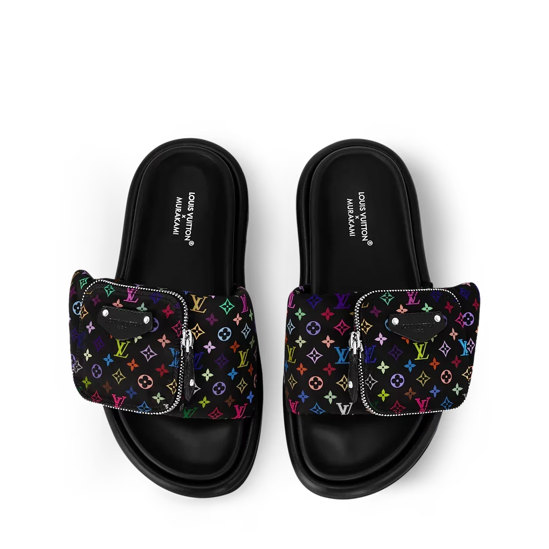 LV Sandals Pool Pillow Flat Comfort Mule x "Takashi Murakami" Black Multicolor