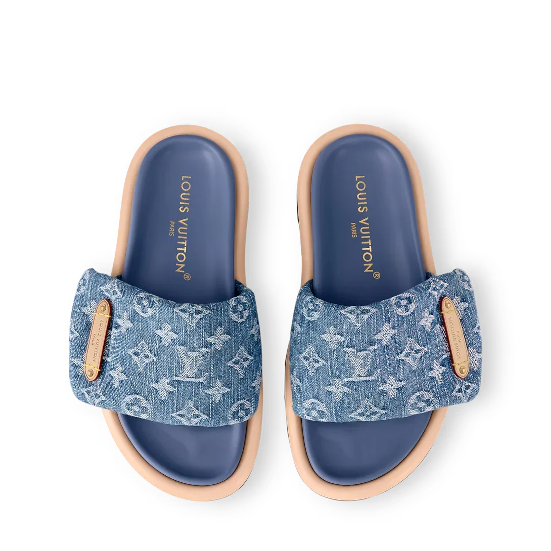 LV Sandals Pool Pillow Flat Comfort Mule Blue Denim