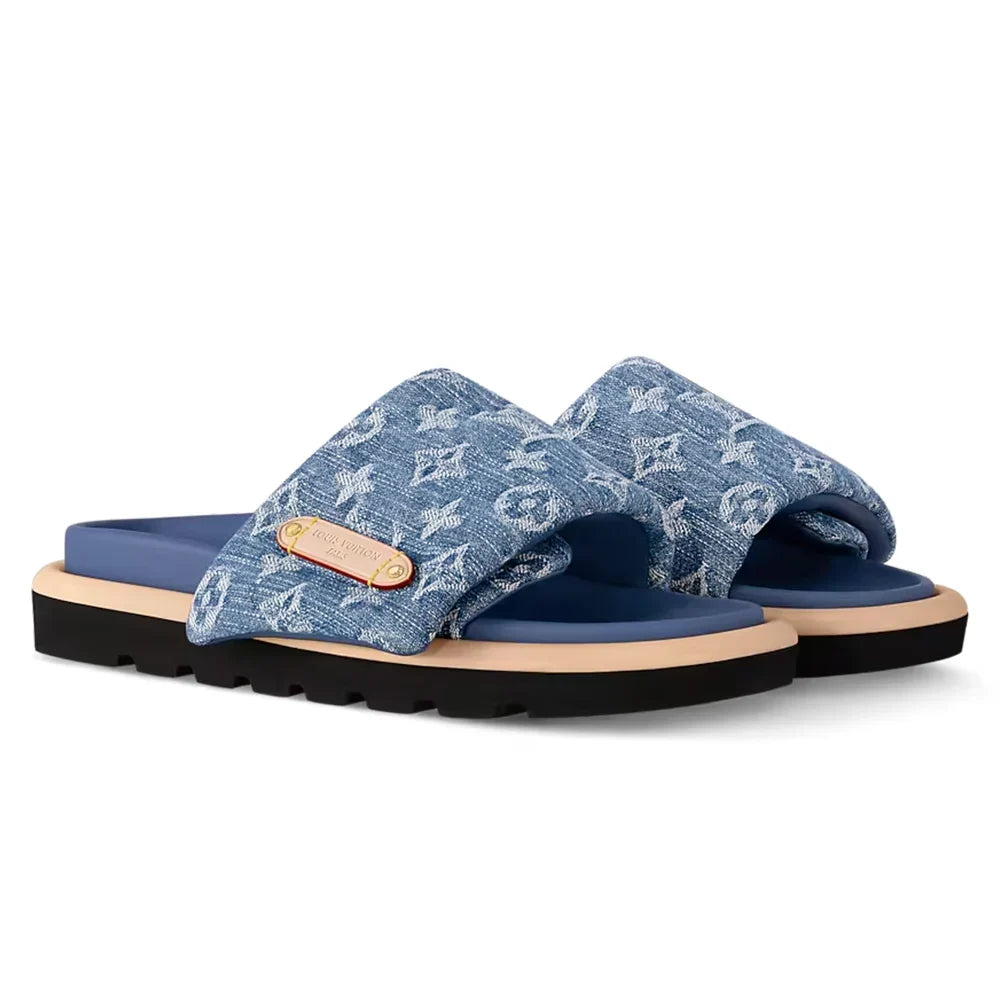 LV Sandals Pool Pillow Flat Comfort Mule Blue Denim