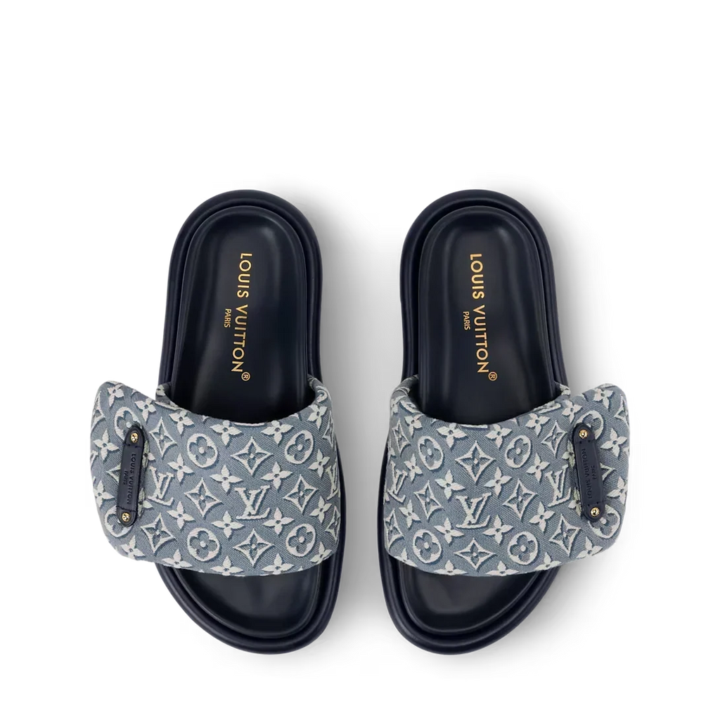LV Sandals Pool Pillow Flat Comfort Mule Blue Jacquard