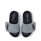 LV Sandals Pool Pillow Flat Comfort Mule Blue Jacquard