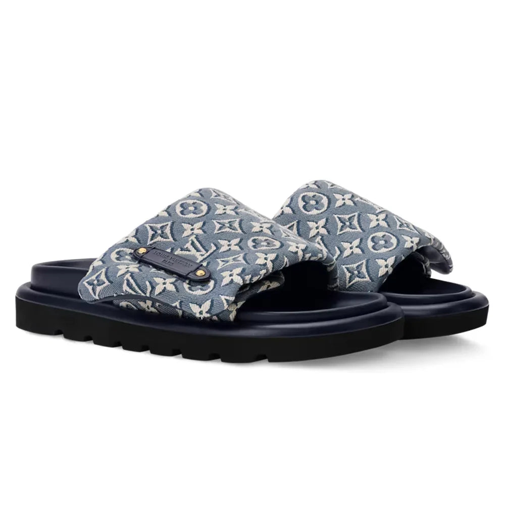 LV Sandals Pool Pillow Flat Comfort Mule Blue Jacquard