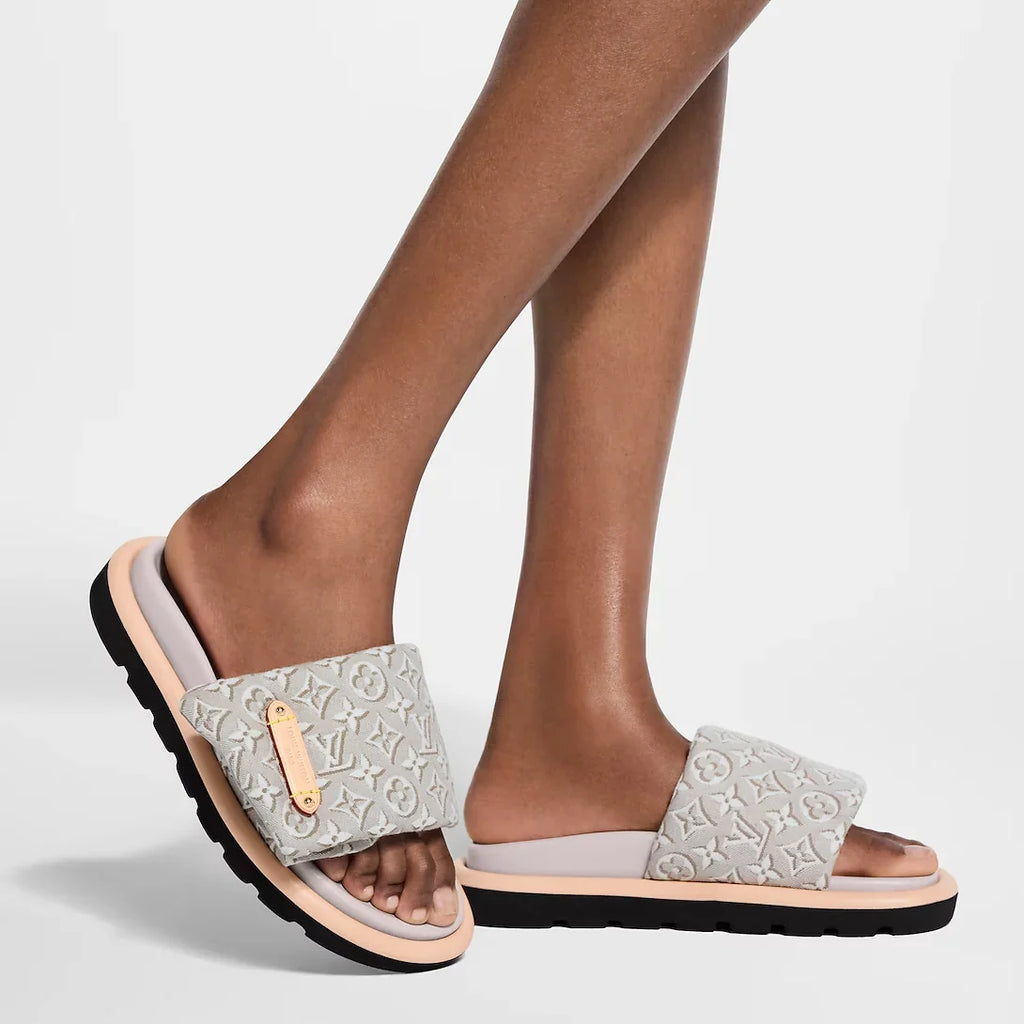 LV Sandals Pool Pillow Flat Comfort Mule Beige Jacquard