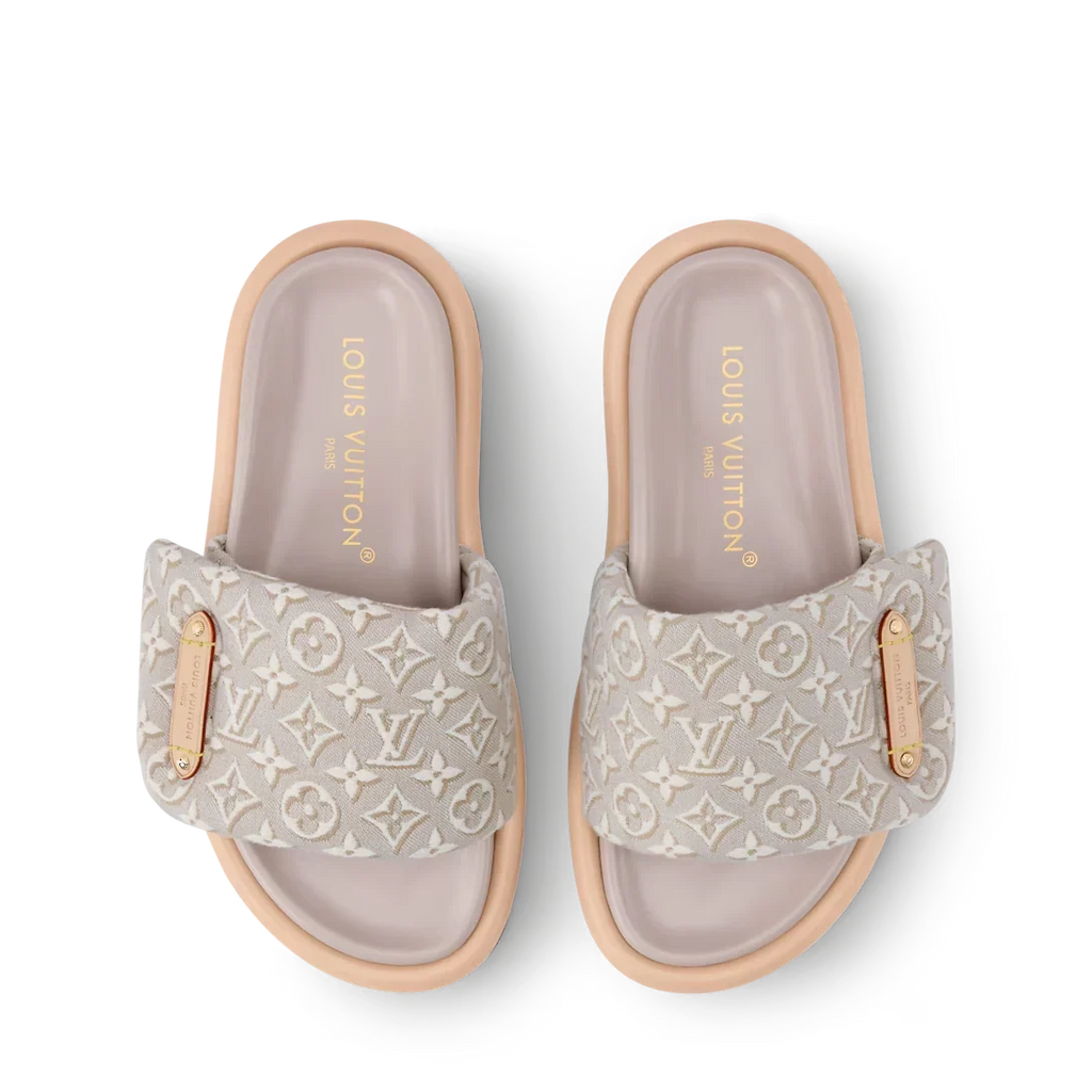 LV Sandals Pool Pillow Flat Comfort Mule Beige Jacquard