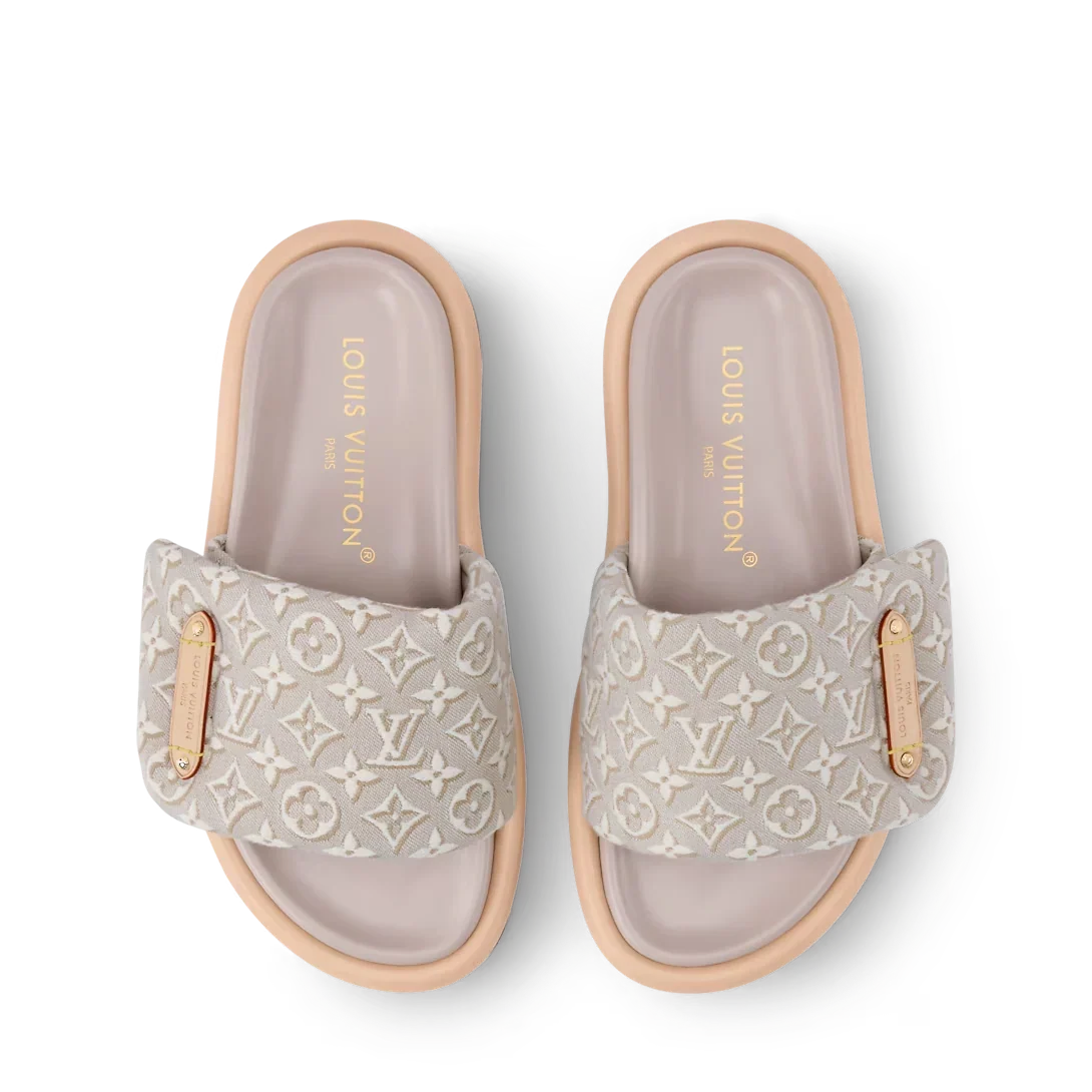 LV Sandals Pool Pillow Flat Comfort Mule Beige Jacquard