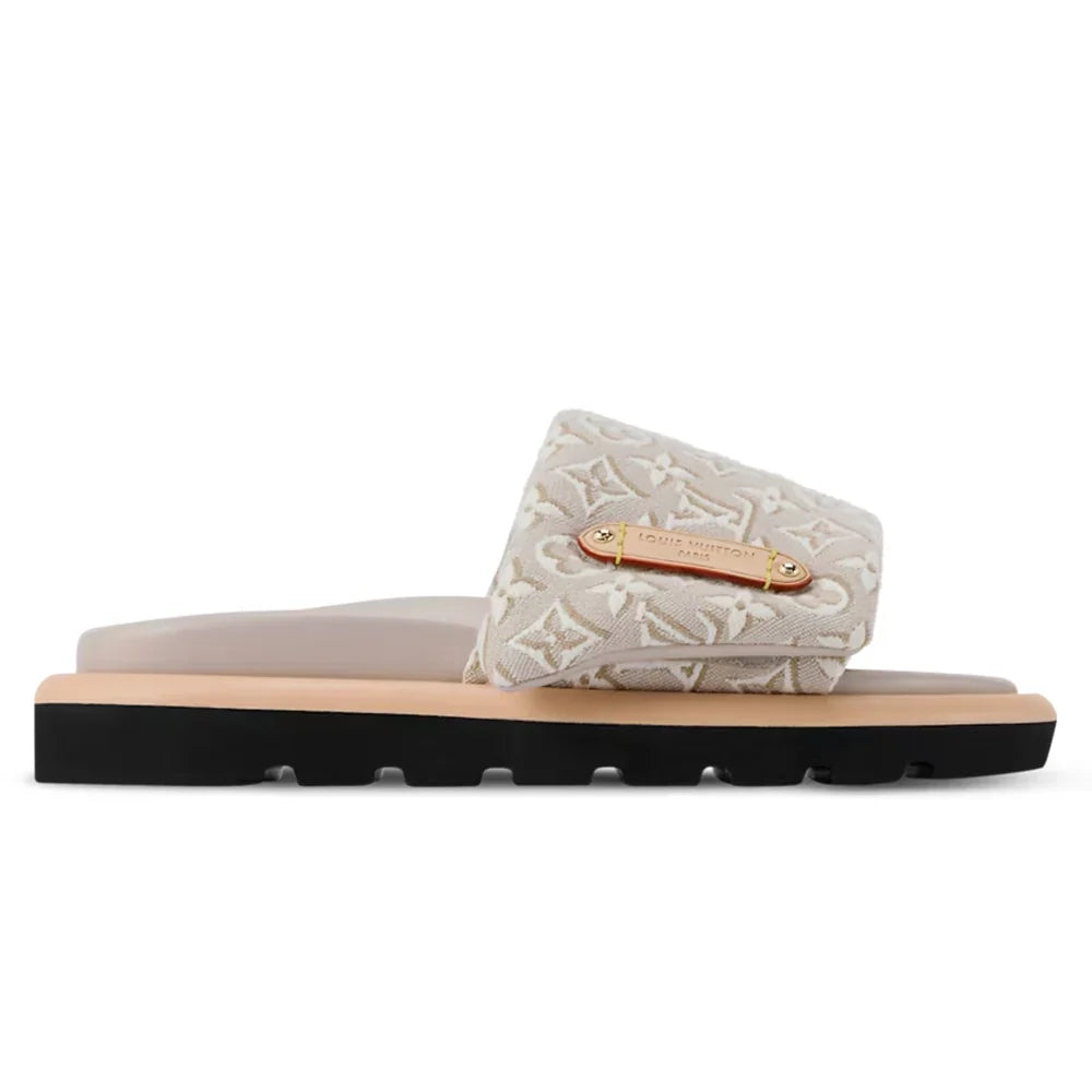 LV Sandals Pool Pillow Flat Comfort Mule Beige Jacquard