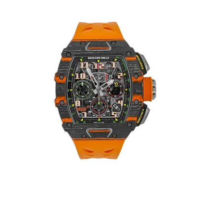 RM 11-03 McLaren Carbon TPT, Skeleton Dial, Orange Strap, 50 mm