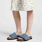 LV Sandals Pool Pillow Flat Comfort Mule Blue Denim