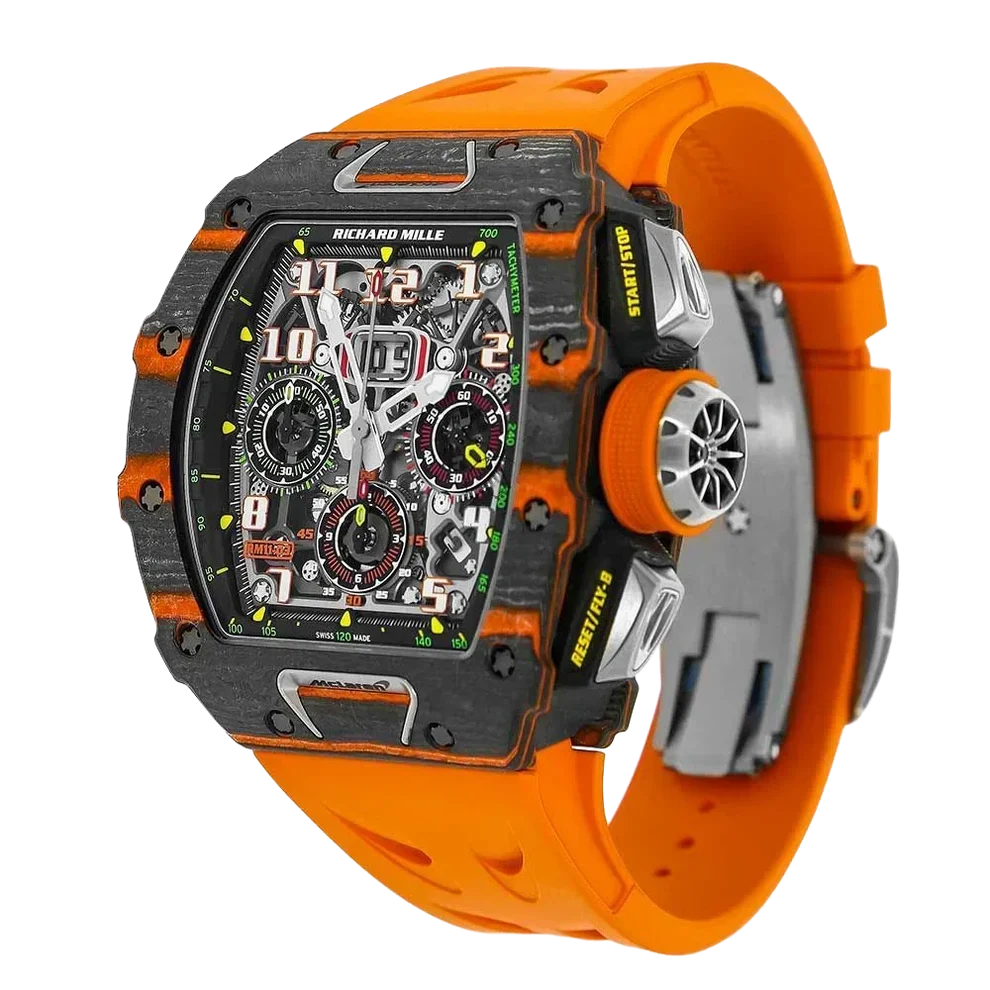 RM 11-03 McLaren Carbon TPT, Skeleton Dial, Orange Strap, 50 mm